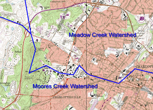 Topographical map of Meadow Creek and Moores Creek watersheds